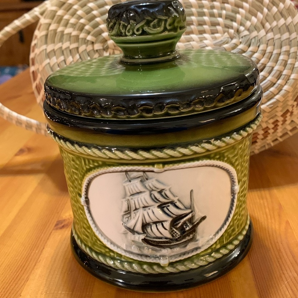 Vintage Tobacco Jar with Ship Detailing, EUC